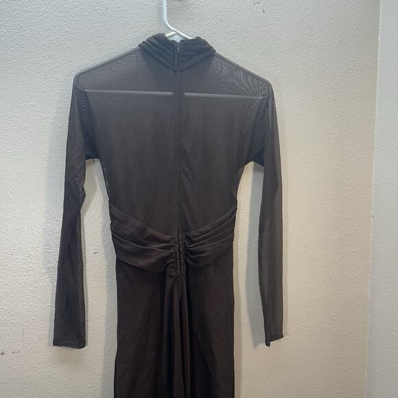 Vtg Tadashi Shoji Brown Long Mesh Sheer Sleeves Dress Formal Evening Gown SZ L - Picture 7 of 16